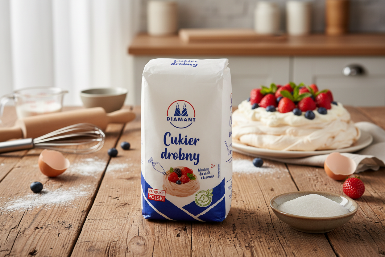 Diamant Cukier Drobny fine sugar bag on a kitchen table with pavlova and fresh berries