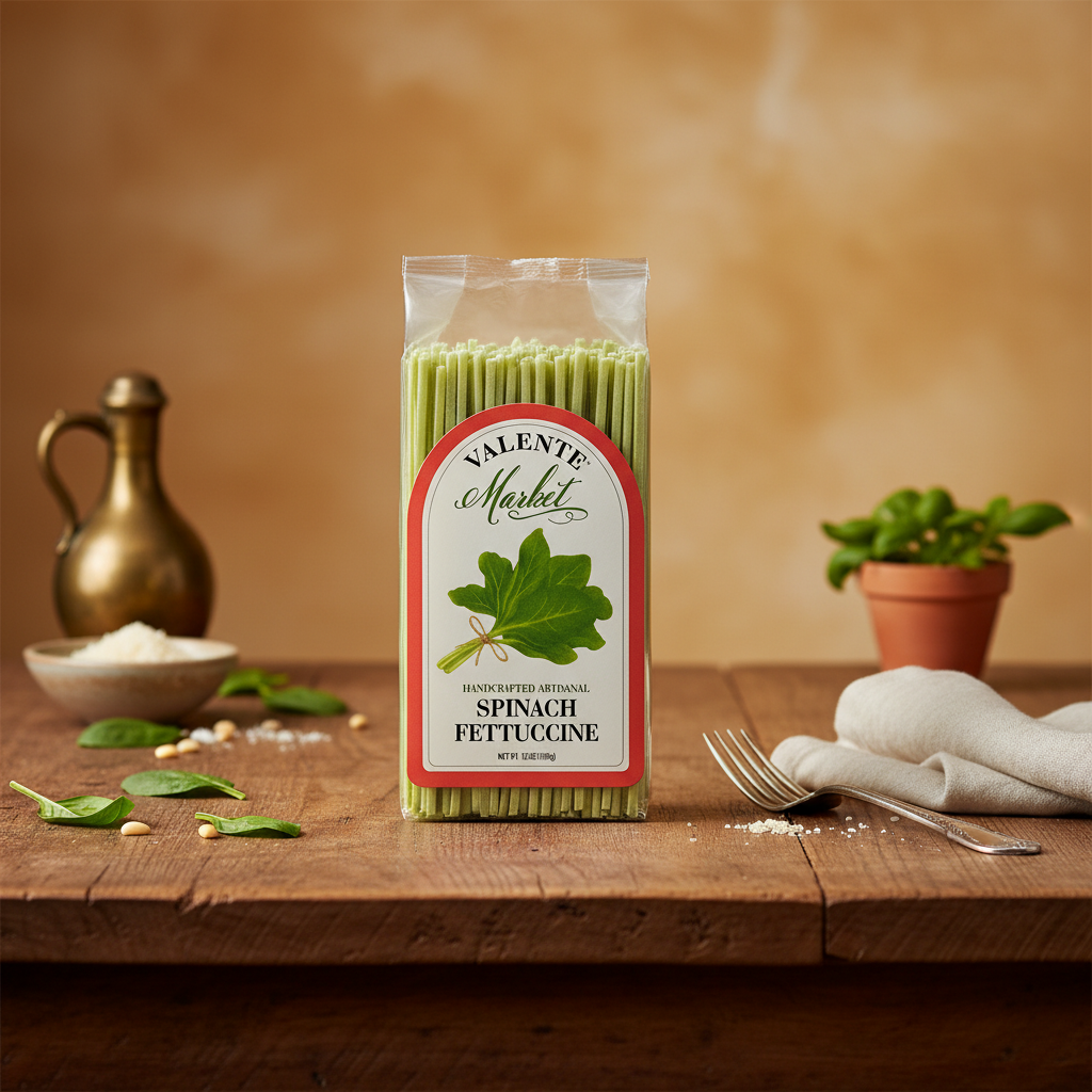 Valente Market Spinach Fettuccine package with premium background