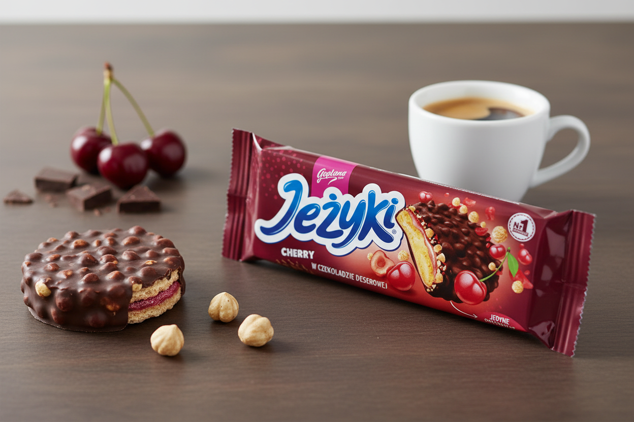 Jeżyki Cherry Dark Chocolate Wafer Bar on clean modern surface