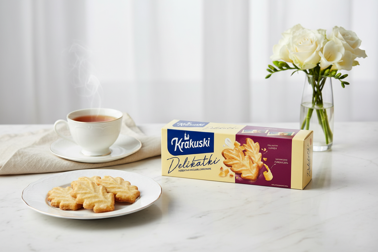 Krakuski Delikatki Butter Glazed Cookies in elegant setting