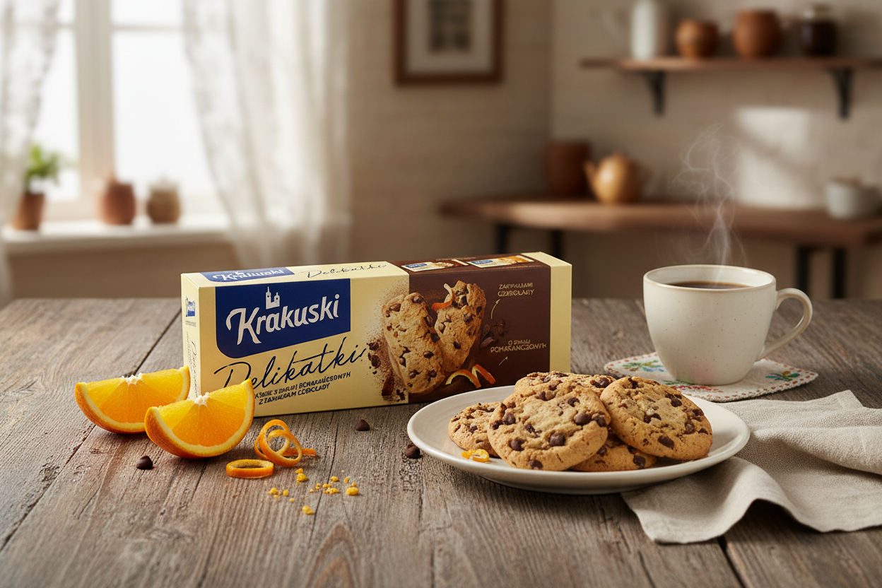 Krakuski Delikatki Orange Chocolate Cookies in European café setting