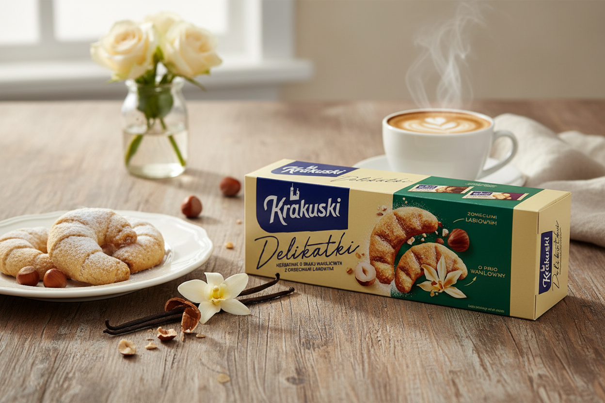 Krakuski Delikatki Vanilla Hazelnut Cookies in elegant European setting