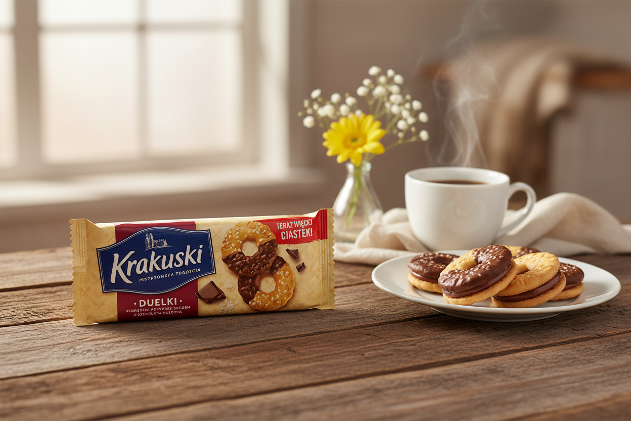 Krakuski Duelki Chocolate Sandwich Cookies in cozy setting