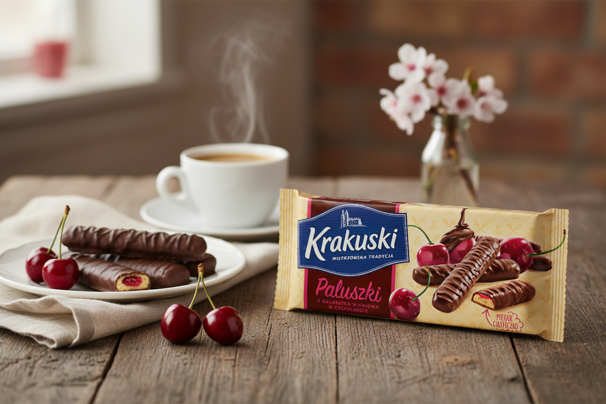 Krakuski Paluszki Cherry Chocolate Cookies in European setting