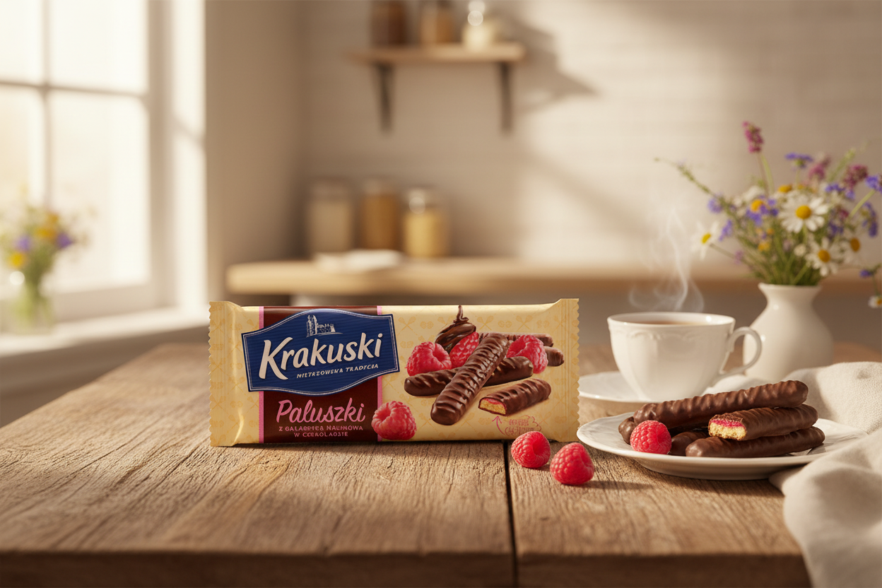 Krakuski Paluszki Raspberry Chocolate Cookies in European setting