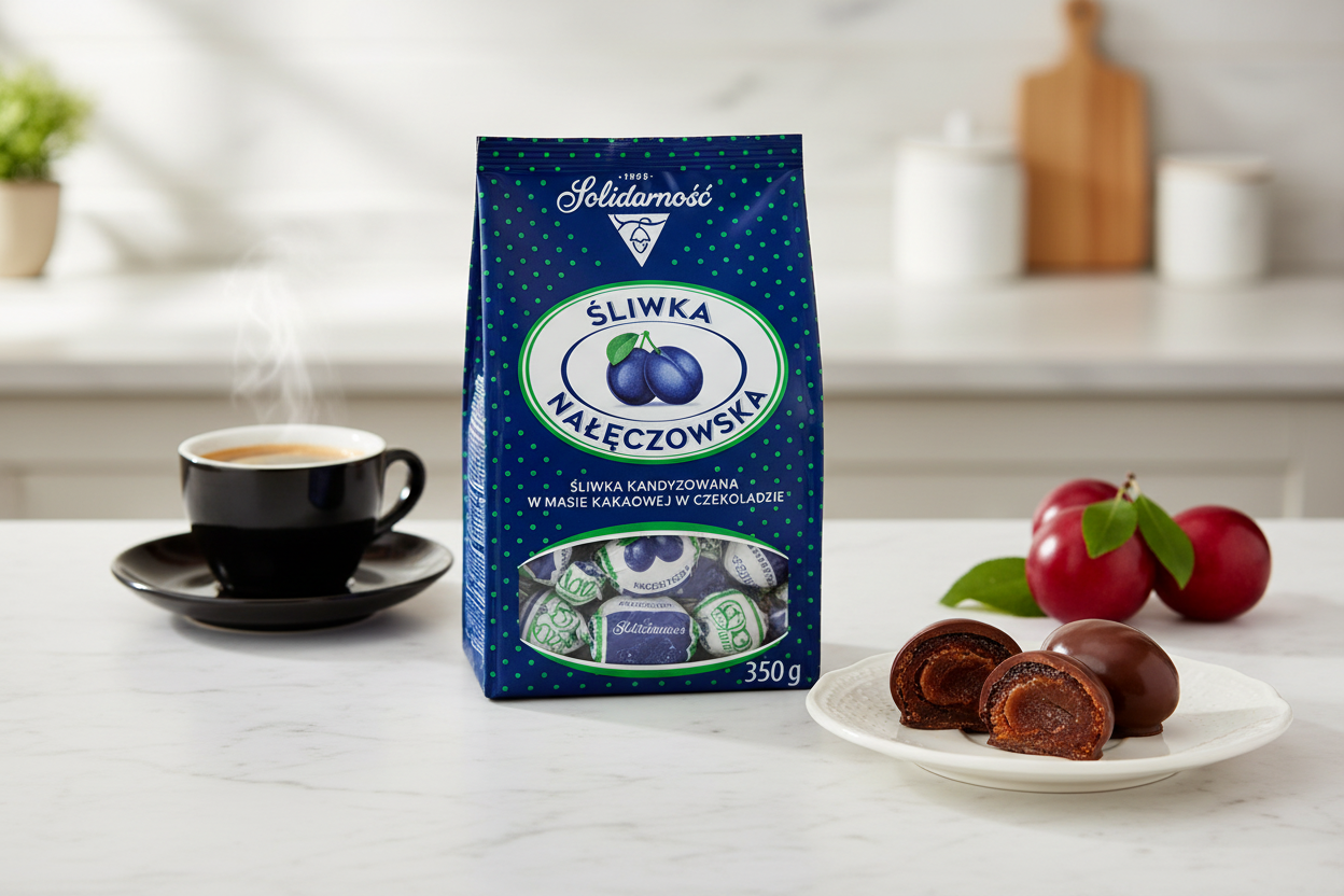 Śliwka Nałęczowska Chocolate Covered Plums 350g Bag on clean modern surface