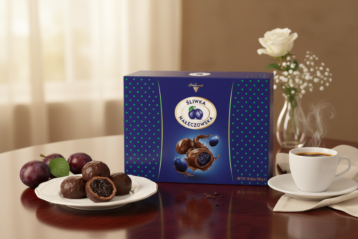 Śliwka Nałęczowska Chocolate Covered Plums Gift Box in elegant setting