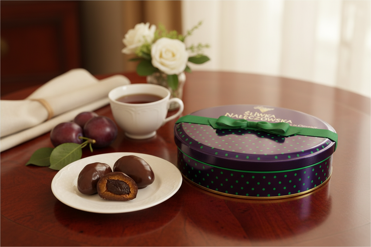 Śliwka Nałęczowska Chocolate Covered Plums Round Container in elegant setting