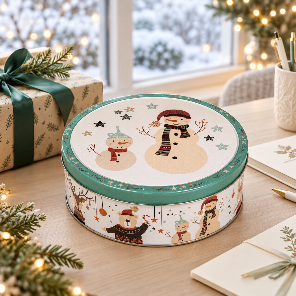 Modern snowman cookie tin holiday image