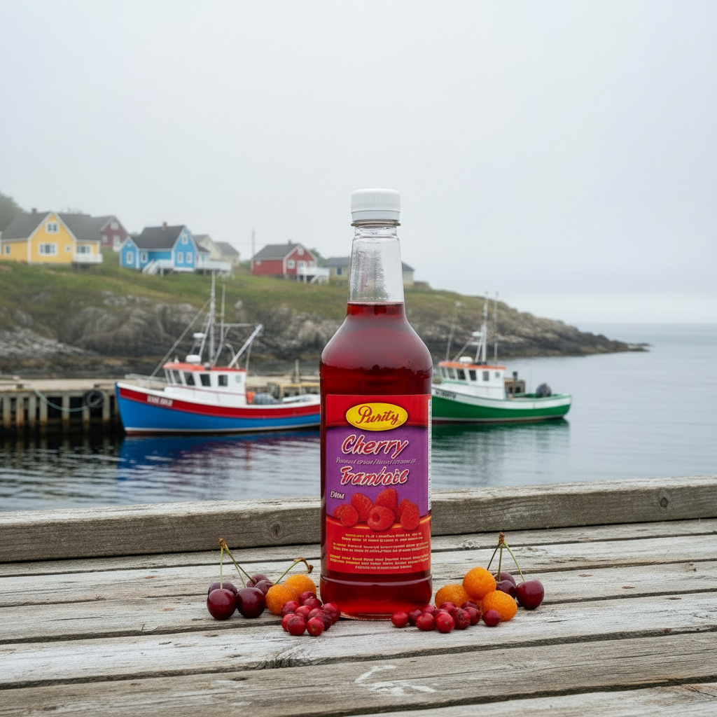 Purity Cherry Cerise Syrup - Newfoundland Background with Cherries