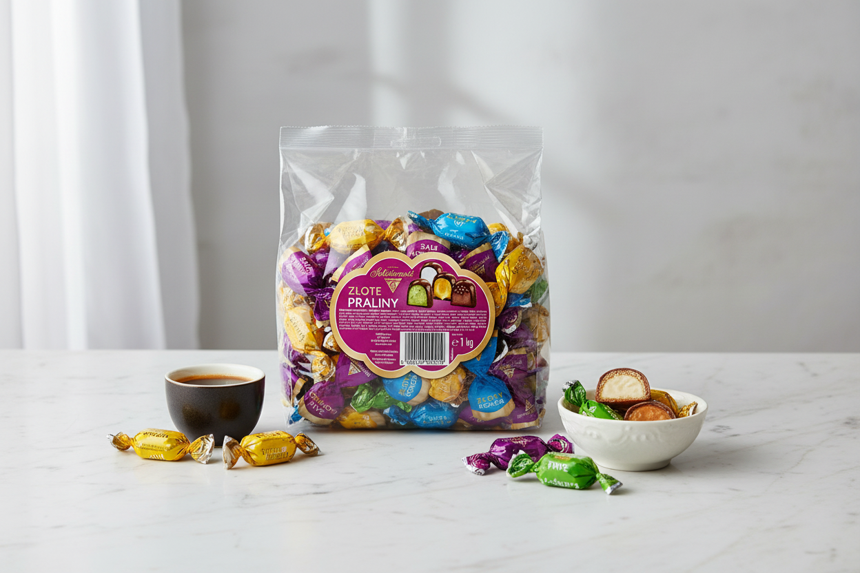 Złote Praliny Golden Pralines Assorted Candies 1kg on clean modern surface